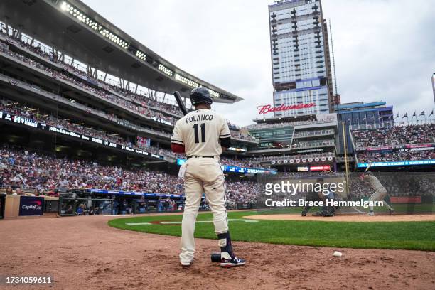 Jorge Polanco of the Minnesota Twins looks on during game one of the Wild Card Series against the Toronto Blue Jays on October 3, 2023 at Target...
