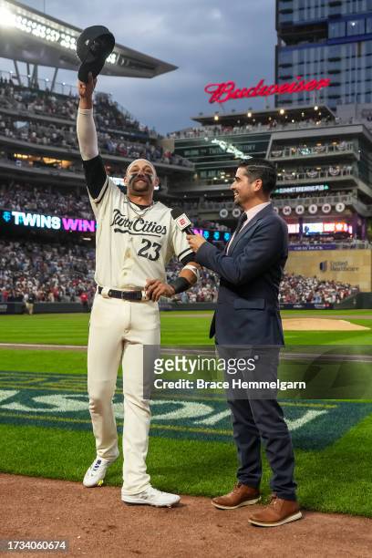Royce Lewis of the Minnesota Twins acknowledges the crowd during an interview with Alden Gonzalez following game one of the Wild Card Series against...