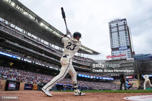 Royce Lewis of the Minnesota Twins looks on during game one of the Wild Card Series against the Toronto Blue Jays on October 3, 2023 at Target Field...