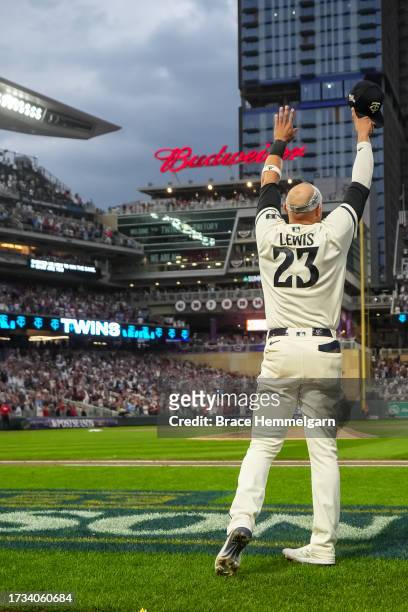 Royce Lewis of the Minnesota Twins acknowledges the crowd following game one of the Wild Card Series against the Toronto Blue Jays on October 3, 2023...