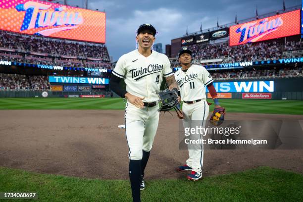 Carlos Correa and Jorge Polanco of the Minnesota Twins celebrate during game one of the Wild Card Series against the Toronto Blue Jays on October 3,...