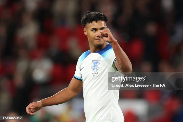 Ollie Watkins of England celebrates after scoring the team's first goal during the international friendly match between England and Australia at...