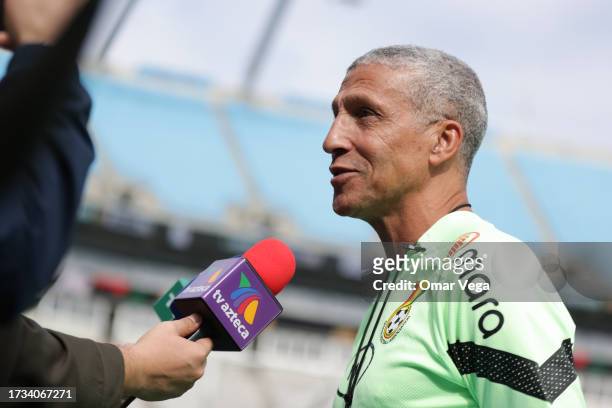 Head coach of Ghana Chris Hughton speaks to the media during a mix zone ahead of the friendly martch against Mexico at Bank of America Stadium on...