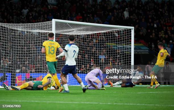 Ollie Watkins of England scores the team's first goal during the international friendly match between England and Australia at Wembley Stadium on...