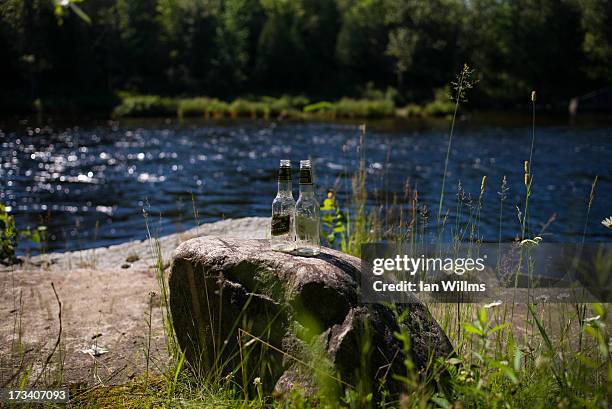 Two empty beer bottles left behind on the Chaudire River, July 13, 2013 in Lac-Megantic, Quebec, Canada. A train derailed and exploded into a...