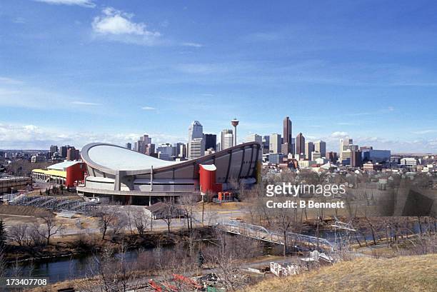 Exterior, general view of the Olympic Saddledome, home of the Calgary Flames in April, 1994 in Calgary, Alberta, Canada.