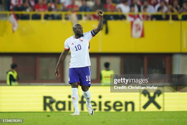 Romelu Lukaku of Belgium celebrates after scoring the team's third goal during the UEFA EURO 2024 European qualifier match between Austria and...