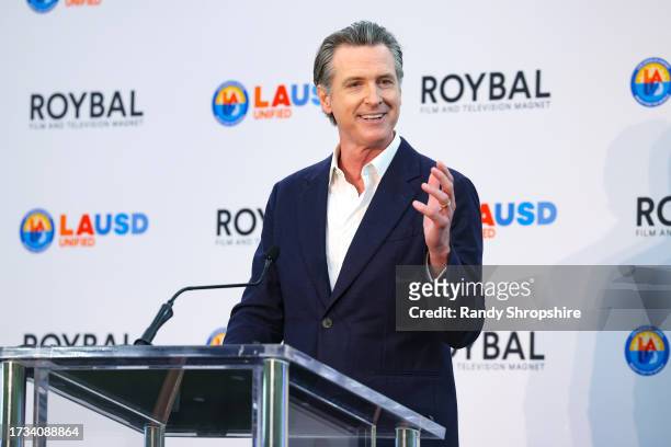 Governor Gavin Newsom attends a pep rally to celebrate the second year of the Roybal Film and Television Production School on October 13, 2023 in Los...