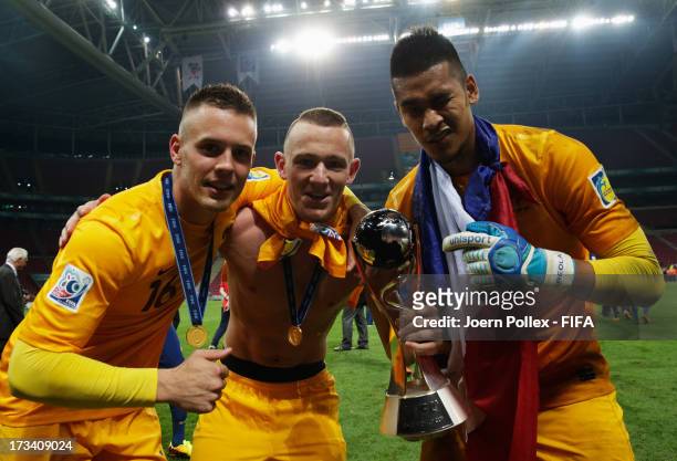 Goalkeepers Alphonse Areola, Maxime Dupe and Paul Charruau celebrate with the cup after winning the FIFA U-20 World Cup Final match between France...