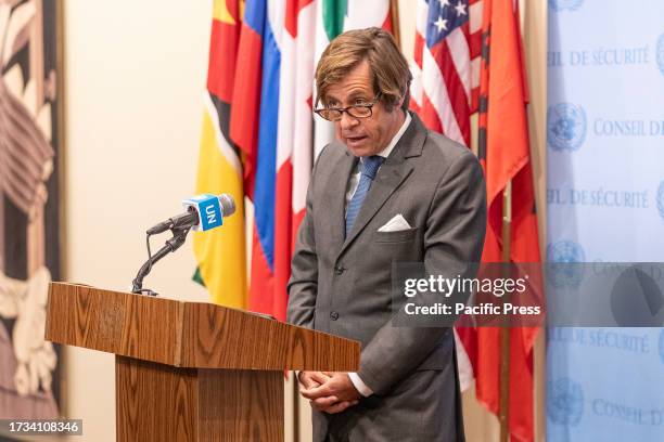Ambassador, Permanent Representative of France to the UN Nicolas de Riviere speaks to the press during the recess of the Security Council meeting on...