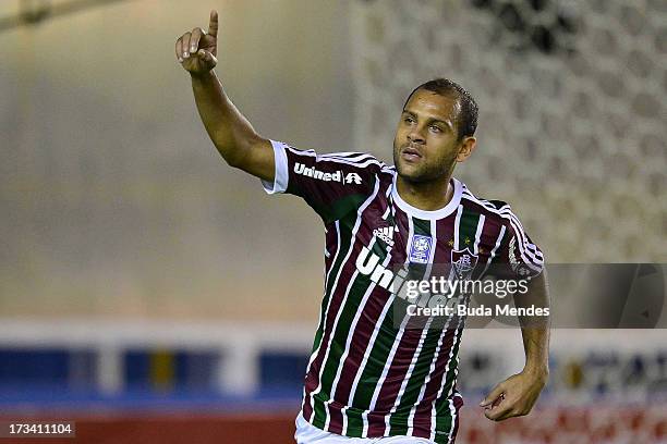 Carlinhos of Fluminense celebrates a scored goal during the match between Fluminense and Internacional a as part of Brazilian Championship 2013 at...