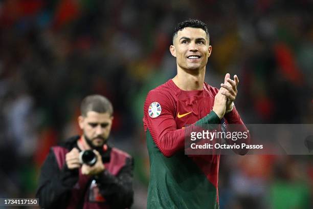 Cristiano Ronaldo of Portugal applauds the fans after the UEFA EURO 2024 European qualifier match between Portugal and Slovakia at Estadio do Dragao...