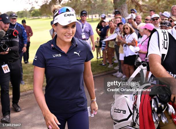 Lexi Thompson of the United States walks from the ninth hole during the second round of the Shriners Children's Open at TPC Summerlin on October 13,...