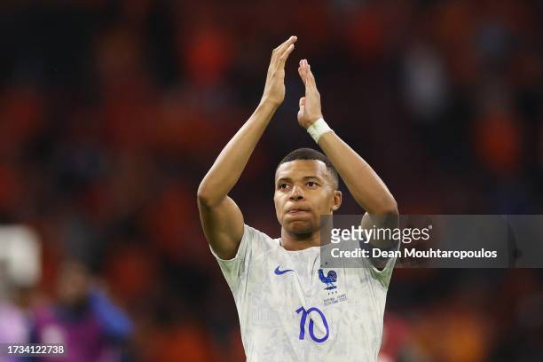 Kylian Mbappe of France applauds the fans after the UEFA EURO 2024 European qualifier match between Netherlands and France at Johan Cruijff Arena on...