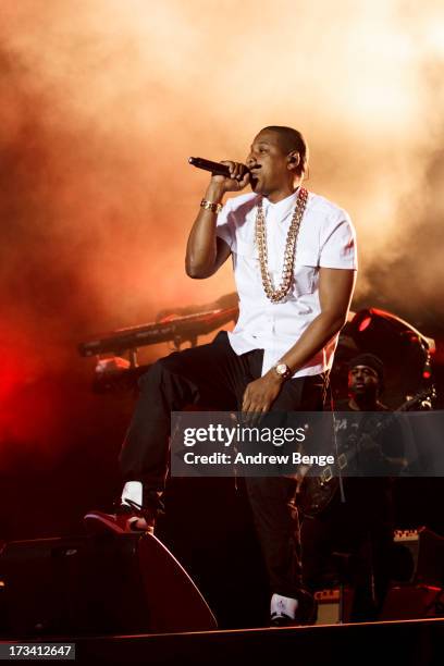 Jay-Z headlines on Day 2 of Yahoo Wireless Festival 2013 at Queen Elizabeth Olympic Park on July 13, 2013 in London, England.