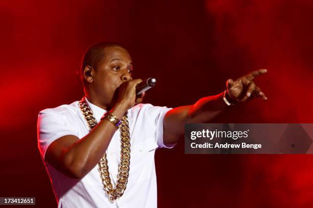 Jay-Z headlines on Day 2 of Yahoo Wireless Festival 2013 at Queen Elizabeth Olympic Park on July 13, 2013 in London, England.