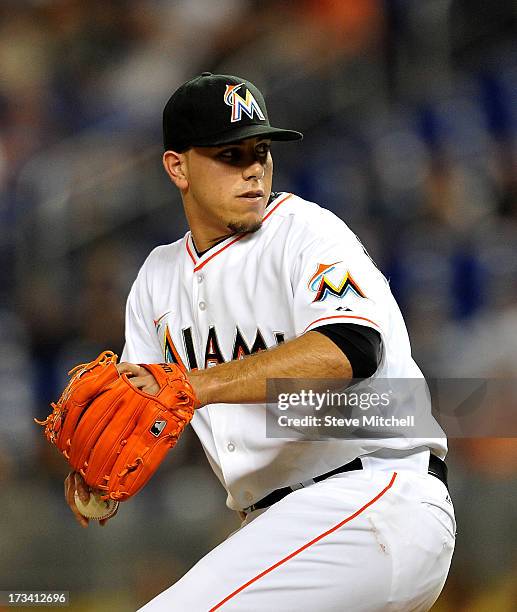 Jose Fernandez of the Miami Marlins delivers a pitch during the first inning against the Washington Nationals at Marlins Park on July 13, 2013 in...