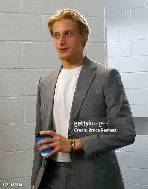 Juuso Valimaki of the Arizona Coyotes arrives for the game against the New Jersey Devils at Prudential Center on October 13, 2023 in Newark, New...