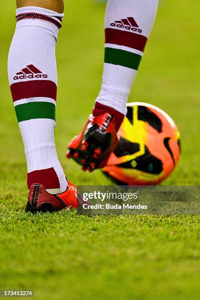 Detail of bootshoes of Fluminense players during the match between Fluminense and Internacional a as part of Brazilian Championship 2013 at...