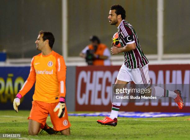 Fred of Fluminense celebrates a scored goal during the match between Fluminense and Internacional a as part of Brazilian Championship 2013 at...