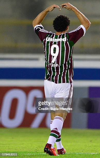 Fred of Fluminense celebrates a scored goal during the match between Fluminense and Internacional a as part of Brazilian Championship 2013 at...