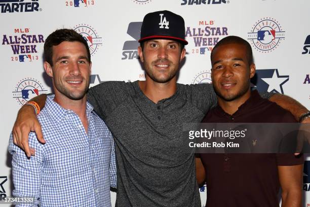 Soccer players Chris Pontius of DC United, Kyle Reynish of The Cosmos and Ethan White of DC United attend the Starter x MLB All-Star Launch Party at...