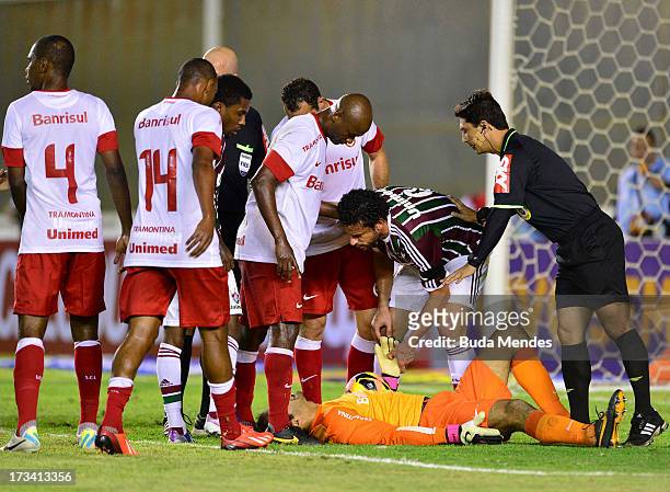 Fred of Fluminense discusses with the goalkeeper during the match between Fluminense and Internacional a as part of Brazilian Championship 2013 at...