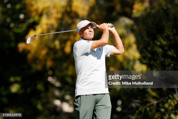 Rocco Mediate of the United States hits a tee shot on the third hole during the first round of the SAS Championship at Prestonwood Country Club on...