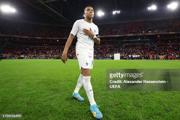 Kylian Mbappe of France celebrates after the team's victory during the UEFA EURO 2024 European qualifier match between Netherlands and France at...