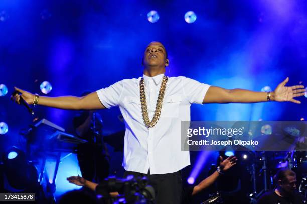 Jay-Z performs on day 2 of the Yahoo! Wireless Festival at Queen Elizabeth Olympic Park on July 13, 2013 in London, England.