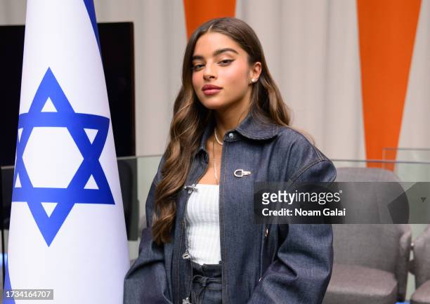 Singer Noa Kirel attends a meeting with Israeli UN Ambassador Gilad Erdan and families of hostages kidnapped by Hamas at the United Nations on...