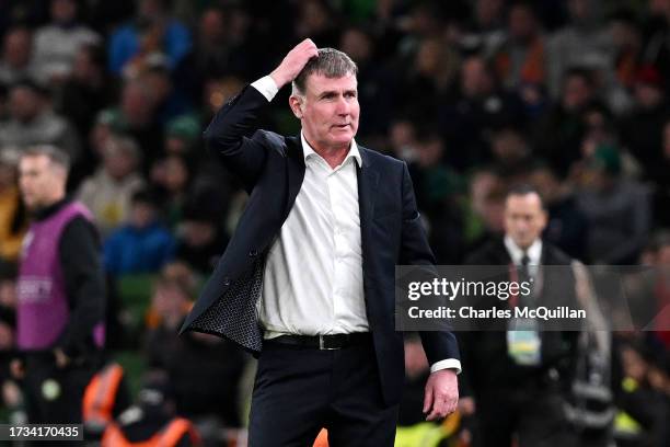 Stephen Kenny, Head Coach of Republic of Ireland, reacts during the UEFA EURO 2024 European qualifier match between Republic of Ireland and Greece at...