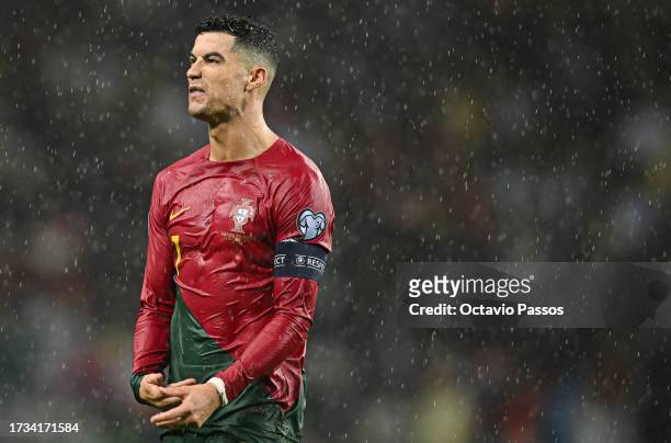 Cristiano Ronaldo of Portugal reacts during the UEFA EURO 2024 European qualifier match between Portugal and Slovakia at Estadio do Dragao on October...