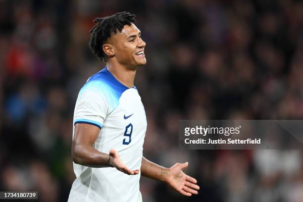 Ollie Watkins of England celebrates after scoring the team's first goal during the international friendly match between England and Australia at...