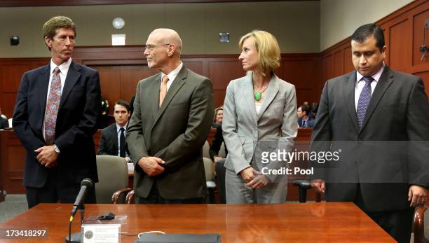 George Zimmerman looks down at the moment the verdict of not guilty is read as his defense co-counsel, Don West and Lorna Truett , look at...