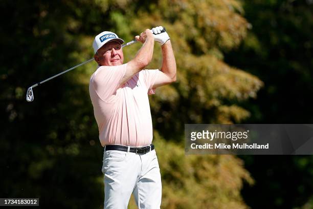 Billy Mayfair of the United States hits a tee shot on the third hole during the first round of the SAS Championship at Prestonwood Country Club on...