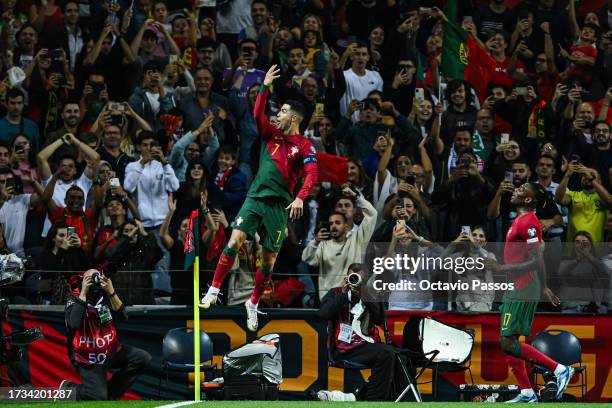 Cristiano Ronaldo of Portugal celebrates after scoring the team's second goal from the penalty spot during the UEFA EURO 2024 European qualifier...