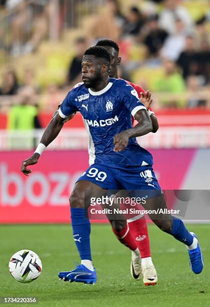 Chancel Mbemba of Olympique de Marseille on the ball during the Ligue 1 Uber Eats match between AS Monaco and Olympique de Marseille at Stade Louis...