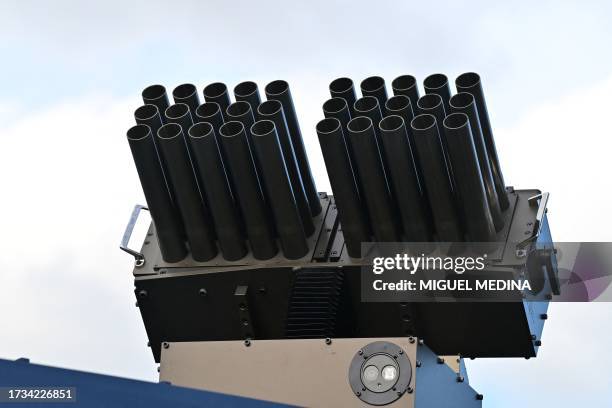 This picture taken on October 19, 2023 shows a grenade launcher on the roof of the Centaure, the new armored vehicle of the French national...