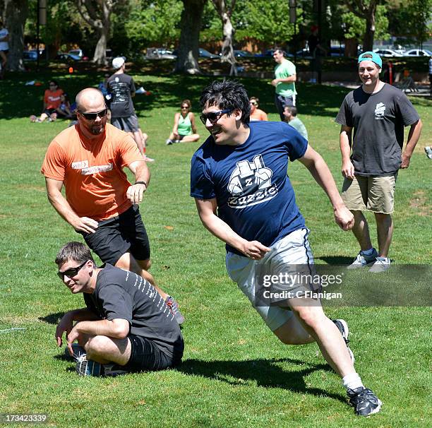 Teams Silicon Valley Bank and Zazzle compete in the Duck Duck Goose game during the Founder Institute's Silicon Valley Sports League event on July...
