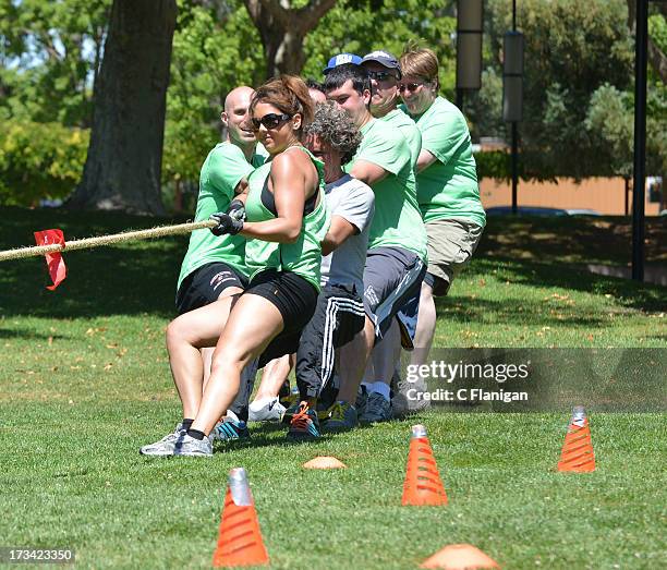 Katy Trout leads the nestGSV Team during the Tug-a-War game at the Founder Institute's Silicon Valley Sports League event on July 13, 2013 in Palo...