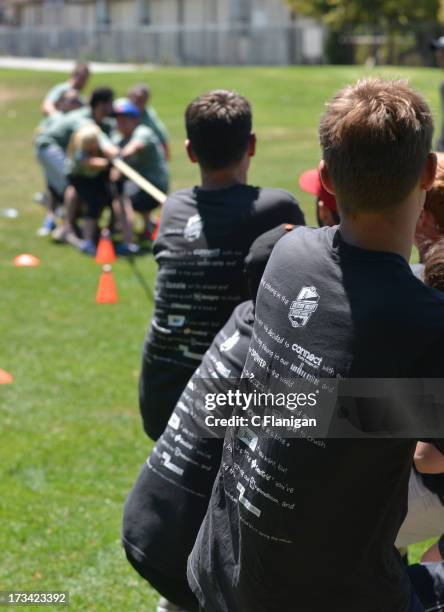 The Evernote team vs. The Yahoo! during the Tug-a-War game at the Founder Institute's Silicon Valley Sports League event on July 13, 2013 in Palo...