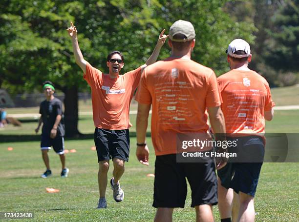 The Silicon Valley Banks teams celebrate victory in the Ultimate Frisbee during the Founder Institute's Silicon Valley Sports League event on July...