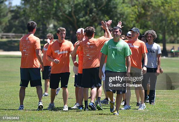 The Silicon Valley Banks teams celebrate victory in the Ultimate Frisbee during the Founder Institute's Silicon Valley Sports League event on July...