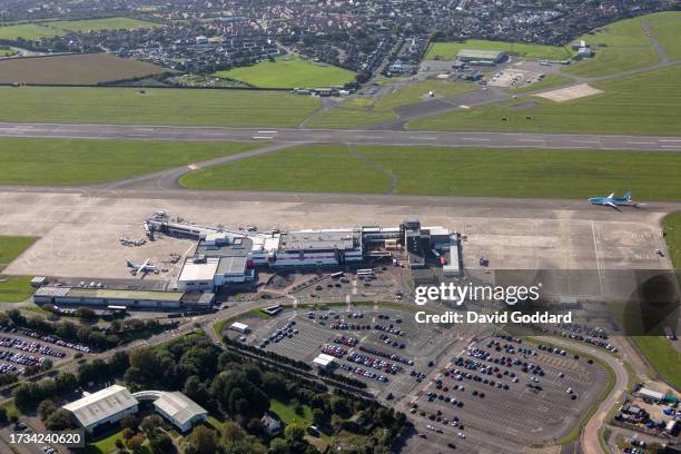 In an aerial view, the terminal building at Cardiff Airport on October 6,2023 in Cardiff, United Kingdom.