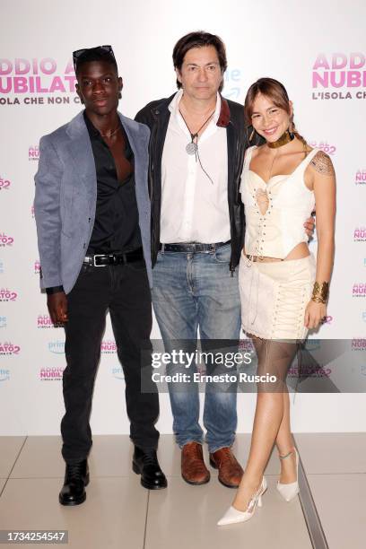 Ibrahima Gueye, Francesco Apolloni and Enula attend the premiere of "Addio Al Nubilato 2" at Cinema Adriano on October 13, 2023 in Rome, Italy.