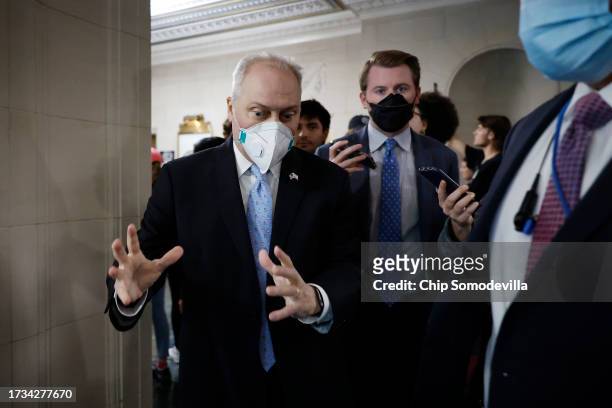House Majority Leader Steve Scalise talks to reporters as he leaves a House Republicans meeting to vote for a nominee for Speaker of the House, at...