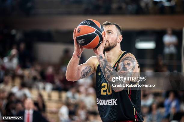 Donatas Motiejunas pf AS Monaco shoots during the Turkish Airlines EuroLeague match between AS Monaco and Virtus Segafredo Bologna at Salle Gaston...