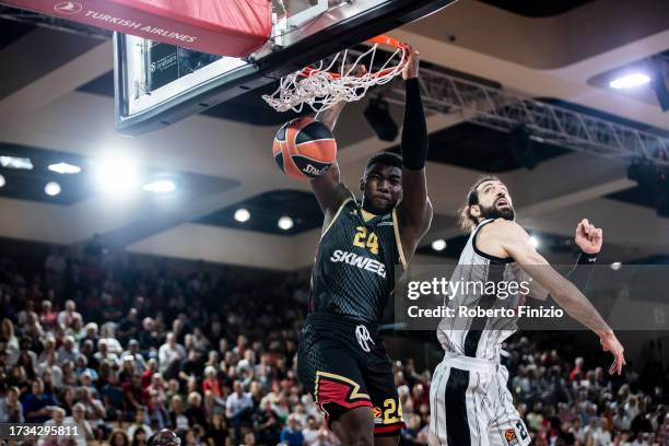 Yakuba Ouattara of AS Monaco dunks against Tornike Shengelia of Virtus Segafredo Bologna in action during the Turkish Airlines EuroLeague match...