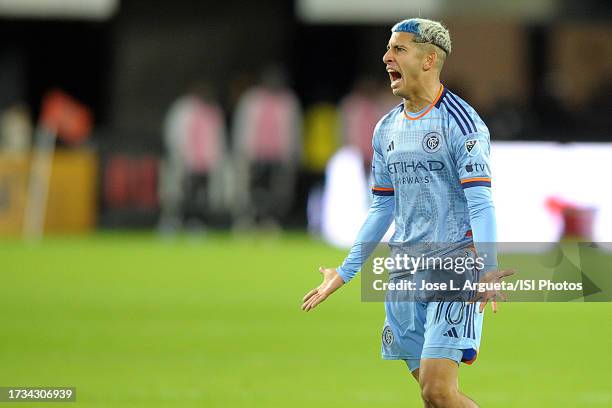 Santiago Rodriguez of New York City FC argues a call with the referee during a game between New York City FC and D.C. United at Audi Field on October...